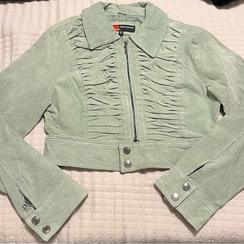 Mint Green Ruched Leather Jacket